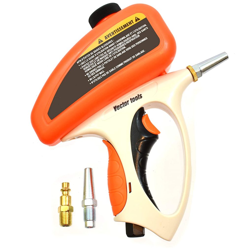 Sandblaster Gravity Feed Abrasive Handheld Air Gun for How a Sandblaster work with long trigger and 2 different nozzles